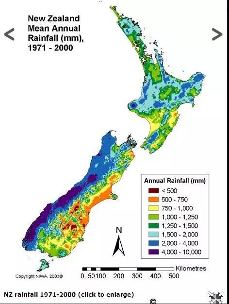 (新西兰全国雨量分布图)